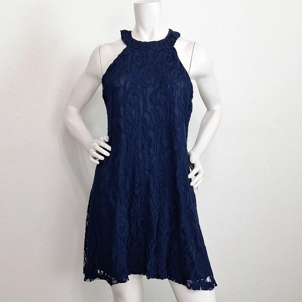 Francesca's Birdcage Navy Blue Romantic Lace Halter Flirty Sexy Mini Dress Sz. M